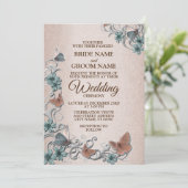 Teal Silver Floral Copper Butterfly Tan Wedding 招待状 (スタンド正面)