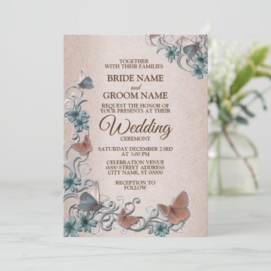 Teal Silver Floral Copper Butterfly Tan Wedding 招待状 (スタンド正面)