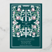 Teal Silver Royal Sword Medieval Fantasy Wedding  箔招待状 (正面)