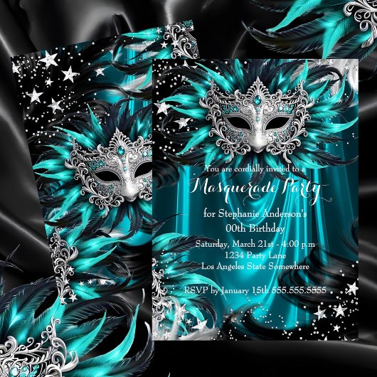Teal Silver Sparkle Magical Night Masquerade Party 招待状