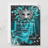 Teal Silver Sparkle Magical Night Masquerade Party 招待状 (正面)