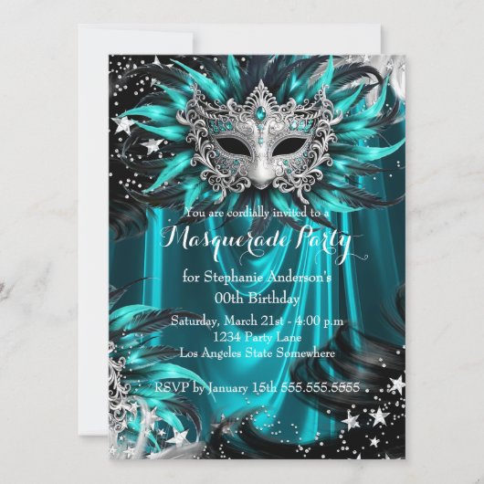 Teal Silver Sparkle Magical Night Masquerade Party 招待状 (正面)