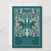 Teal Silver Sword Floral Medieval Fantasy Wedding 招待状 (正面)