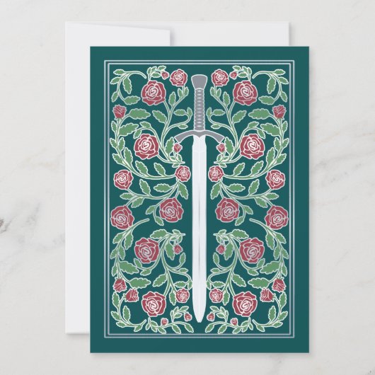Teal Silver Sword Floral Medieval Fantasy Wedding 招待状 (裏面)