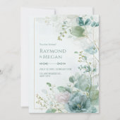 Teal Skeletal Leaf Botanical Gold Frame Wedding 招待状 (正面)