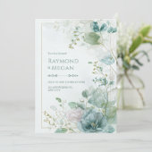 Teal Skeletal Leaf Botanical Gold Frame Wedding 招待状 (スタンド正面)