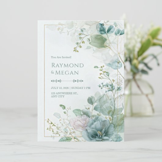 Teal Skeletal Leaf Botanical Gold Frame Wedding 招待状 (スタンド正面)