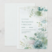 Teal Skeletal Leaf Botanical Gold Frame Wedding 招待状 (正面/裏面)