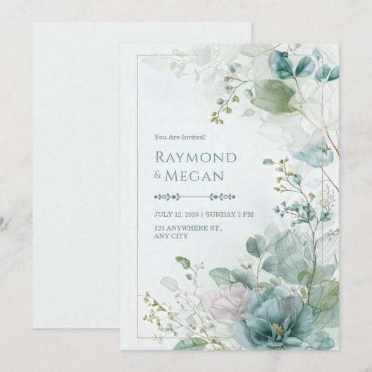 Teal Skeletal Leaf Botanical Gold Frame Wedding 招待状 (正面/裏面)