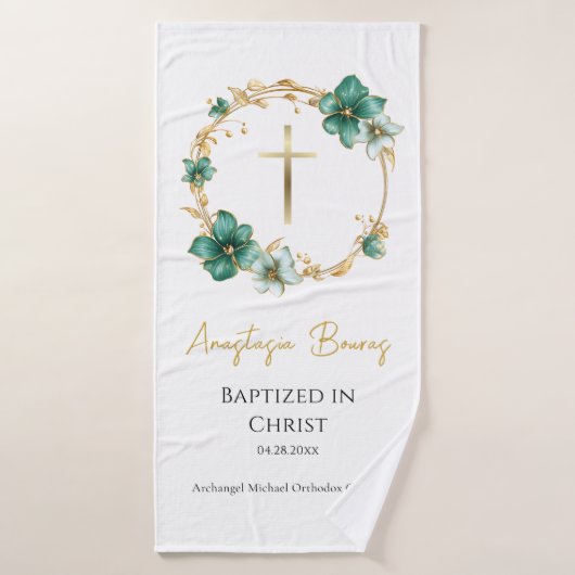 Teal & Sky Blue Flowers Orthodox Baptism Gift     バスタオル (バスタオル)
