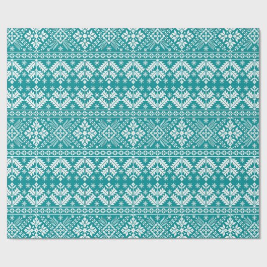 Teal Snowflake & Floral Fair Isle Christmas ラッピングペーパー (フラット)