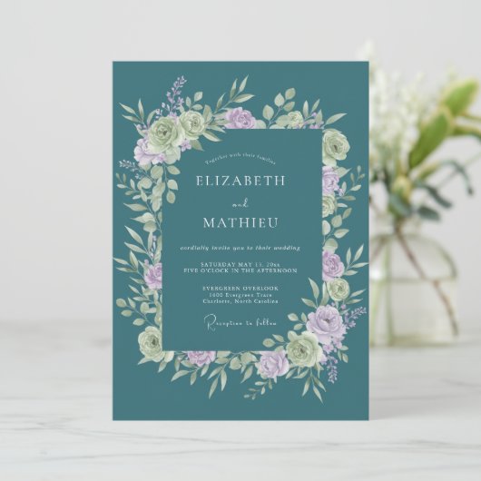 Teal Soft Bloom Romance Wedding 招待状 (スタンド正面)
