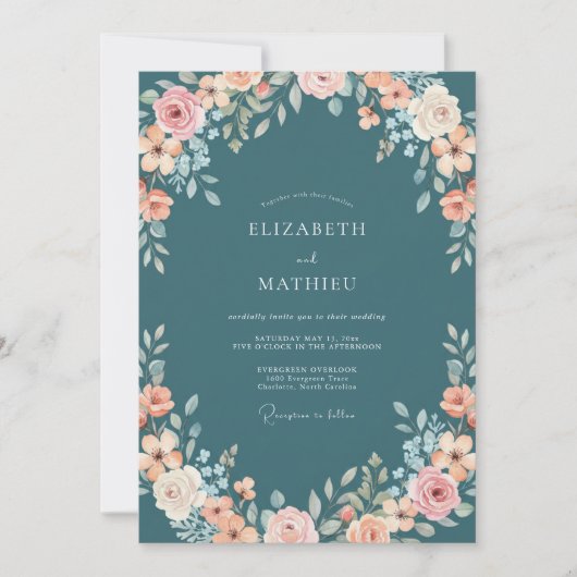 Teal Soft Floral Romance Wedding 招待状 (正面)