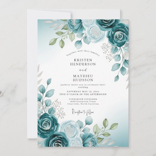 Teal Soft Watercolor Botanical Wedding 招待状 (正面)