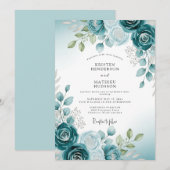 Teal Soft Watercolor Botanical Wedding 招待状 (正面/裏面)