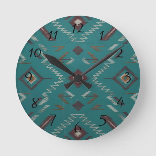 Teal Southwest Navajo Geometric ラウンド壁時計 (正面)