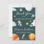 Teal Space Astronaut First Birthday サンキューカード (正面)