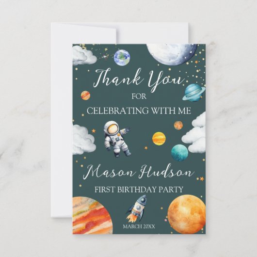 Teal Space Astronaut First Birthday サンキューカード (正面)