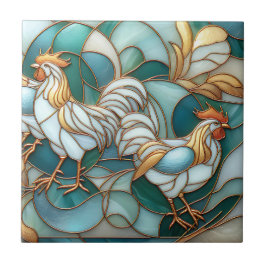 Teal Stained Glass Roosters Elegant Farmhouse タイル