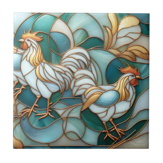 Teal Stained Glass Roosters Elegant Farmhouse タイル (正面)
