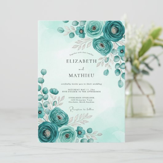 Teal Stately Botanical Wedding 招待状 (スタンド正面)