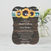 Teal Sunflower Rustic Wood String Lights Wedding 招待状 (スタンド正面)