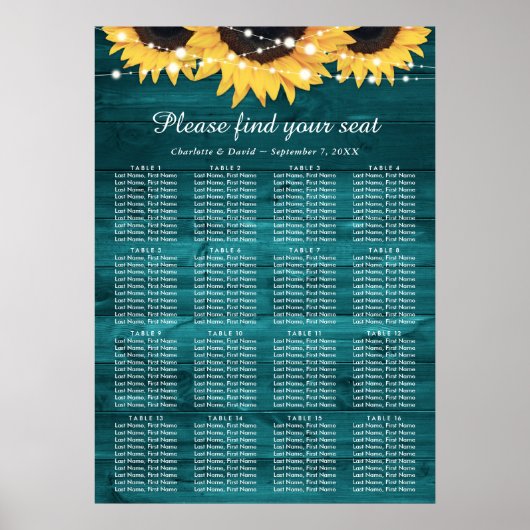Teal Sunflower Wedding Table Plan 16 ポスター (正面)