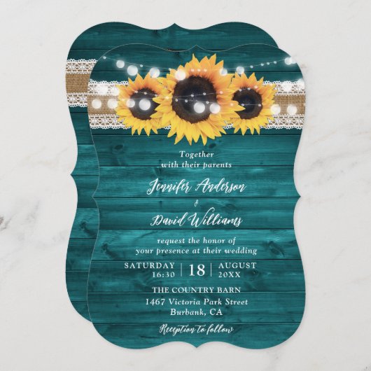 Teal Sunflower Wood Burlap String Lights Wedding 招待状 (正面/裏面)