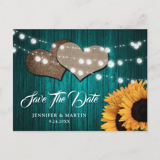 Teal Sunflower Wood Lights Burlap Hearts Wedding ポストカード (正面)