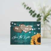 Teal Sunflower Wood Lights Burlap Hearts Wedding ポストカード (スタンド正面)