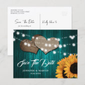 Teal Sunflower Wood Lights Burlap Hearts Wedding ポストカード (正面/裏面)