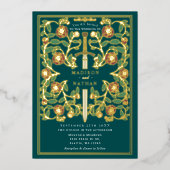 Teal Sword Floral Medieval Fantasy Wedding  箔招待状 (正面)