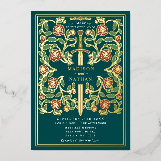 Teal Sword Floral Medieval Fantasy Wedding  箔招待状 (正面)