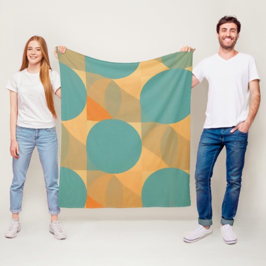 Teal, Tan, and Orange in Retro Look Pattern フリースブランケット (インサイチュ)