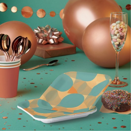 Teal, Tan, and Orange in Retro Look Pattern ペーパープレート (複数)