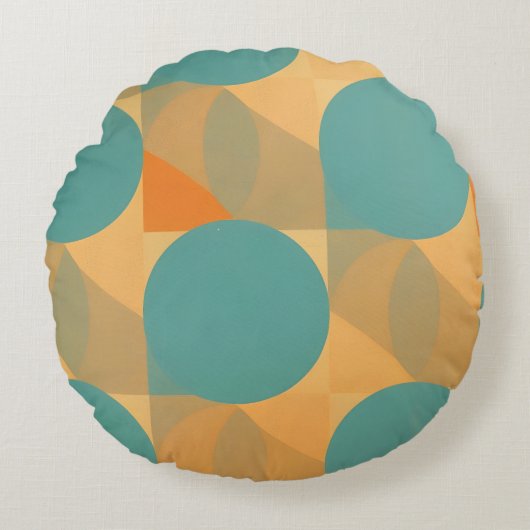 Teal, Tan, and Orange in Retro Look Pattern ラウンドクッション (正面)