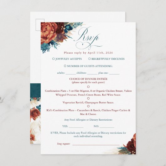 Teal Terracotta Floral Boho Wedding RSVP Card (正面/裏面)