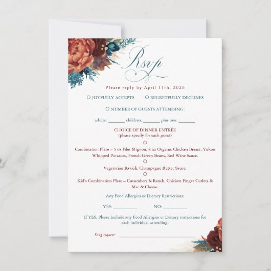 Teal Terracotta Floral Boho Wedding RSVP Card (正面)