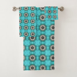  teal towels featuring a black and white geometric バスタオルセット