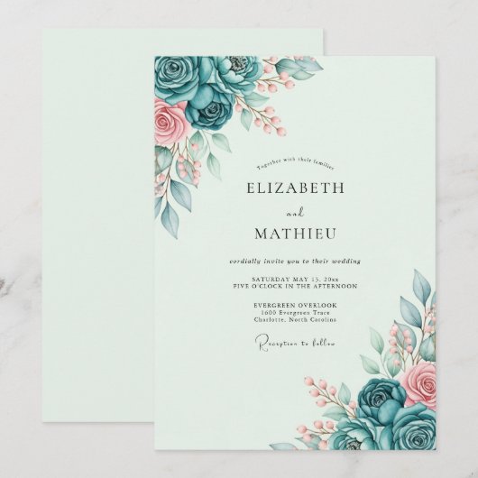 Teal Tranquil Spring Wedding 招待状 (正面/裏面)