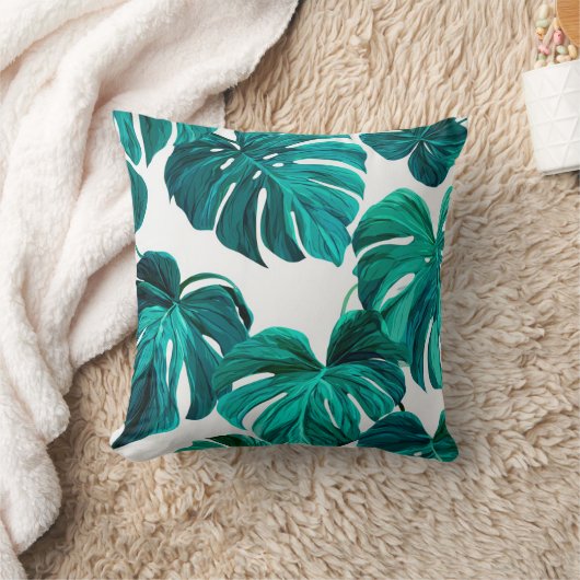 Teal Tropical Monstera Leaf Seamless Pattern Art クッション (ブランケット)