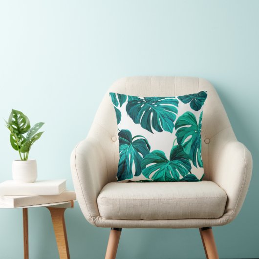 Teal Tropical Monstera Leaf Seamless Pattern Art クッション (椅子)