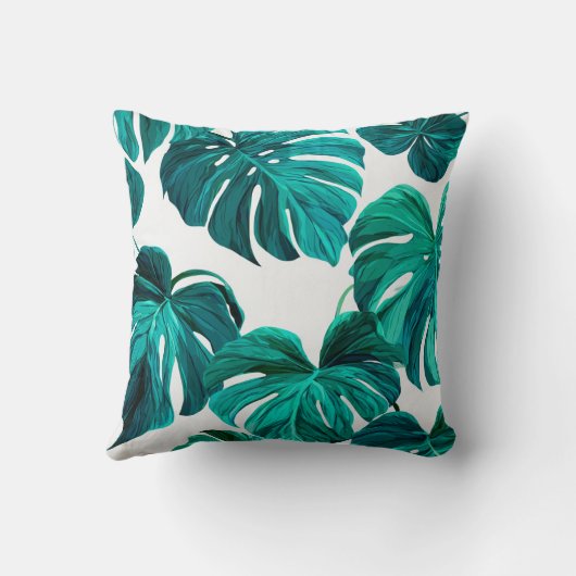 Teal Tropical Monstera Leaf Seamless Pattern Art クッション (裏面)