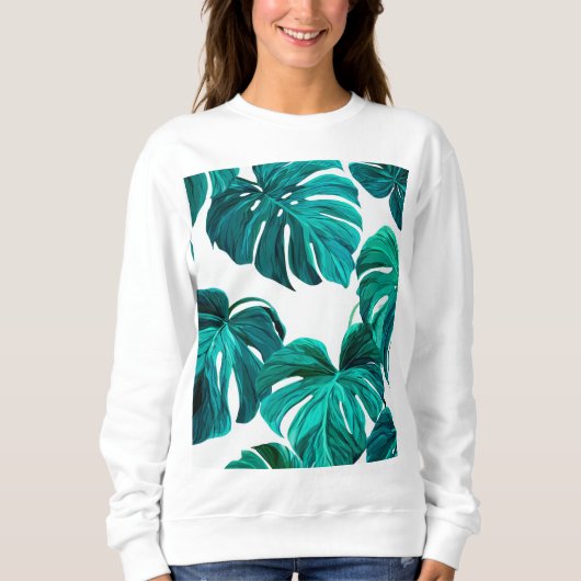 Teal Tropical Monstera Leaf Seamless Pattern Art スウェットシャツ (正面)
