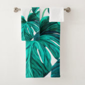 Teal Tropical Monstera Leaf Seamless Pattern Art バスタオルセット (インサイチュ)