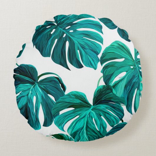 Teal Tropical Monstera Leaf Seamless Pattern Art ラウンドクッション (正面)