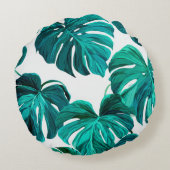 Teal Tropical Monstera Leaf Seamless Pattern Art ラウンドクッション (裏面)
