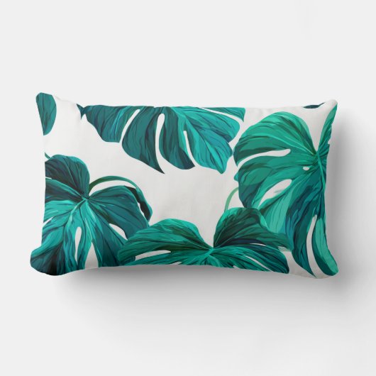 Teal Tropical Monstera Leaf Seamless Pattern Art ランバークッション (正面)