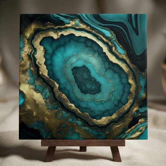 Teal Turquoise and Gold Agate Geode Liquid Marble タイル