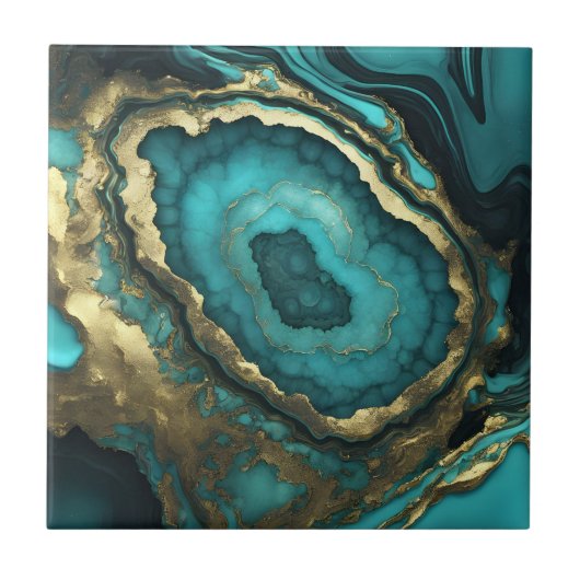 Teal Turquoise and Gold Agate Geode Liquid Marble タイル (正面)